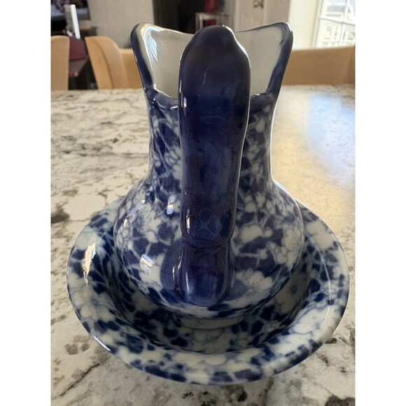 Vintage Antique Victoria Ware Ironstone Small 4" Pitcher & 4" Basin Calico Blue - Picture 3 of 10